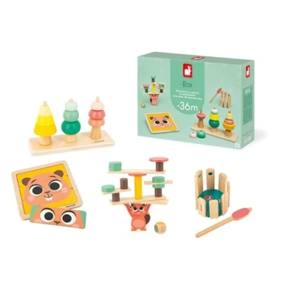 Abbildung von Janod Baby Spielbox ab 36 Monate Lernspielzeug mit Puzzle und Manuellen Aktivitäten für Kinder Aktivitätsspielzeug die Psychomotorische Entwicklung Kinderspielzeug 3 Jahre J04066