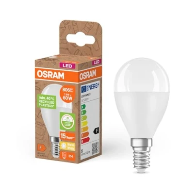 Abbildung von Osram LED STAR CLASSIC P 60 FR Lampe, E14, klassische Miniballform, weiß, 7,5W, 806lm, 2700K, warmweißes Licht, sehr geringer Energieverbrauch, mit recyceltem Kunststoff, 6 Pack