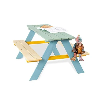 Abbildung von Pinolino Kindersitzgarnitur Nicki für 4, aus massivem Holz, 2 Bänke mit 1 Tisch, empfohlen Kinder ab Jahren, bunt