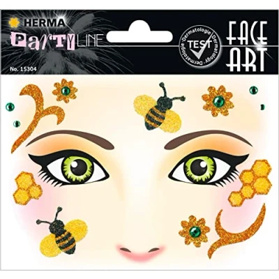 Abbildung von HERMA 15304 Face Art Sticker Bienen Blumen, dermatologisch getestet, ablösbare Glitzer Gesicht Aufkleber, temporäre Tattoos für Karneval Fasching Halloween Festival Kinder Geburtstag, gelb orange