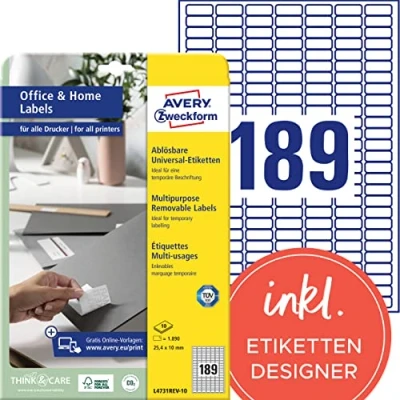 Abbildung von AVERY Zweckform L4731REV 10 Universal Etiketten (1.890 Klebeetiketten, 25,4x10mm auf A4, wieder rückstandsfrei ablösbar/abziehbar, individuell bedruckbare, selbstklebende Aufkleber) Blatt, weiß