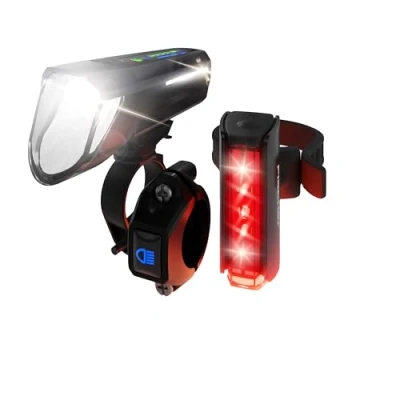Abbildung von FISCHER Fahrrad LED Akku Beleuchtungs Set Twin Stop 100 Lux mit Fernlicht, Sensormodus, Lange Leuchtdauer, stabiles Aluminium Gehäuse, schwarz, 1 Stück