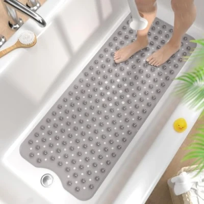 Abbildung von HITSLAM Badewannenmatte rutschfest, 101 x 40cm Extra Lange Antirutschmatte Badewanne, Duschmatte rutschfest BPA Frei, Schimmelresistent &amp; Maschinenwaschbar Badematte, Grau