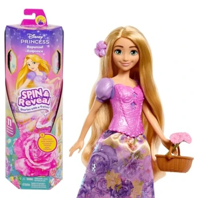 Abbildung von Mattel Disney Prinzessin Rapunzel Modepuppen Set, Spin &amp; Reveal mit 11 Überraschungen, darunter 5 Accessoires, Sticker und eine Szene zum Spielen, vom Film inspiriert, HTV86