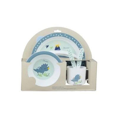 Abbildung von Sterntaler Geschirrset Dino Rexi Baby und Kinder Geschirr mit rutschfestem Sockel an Teller, Tasse Becher robustes Kindergeschirr aus lebensmittelechtem Material, blau
