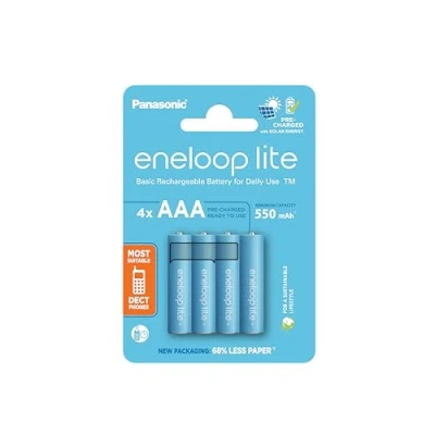 Abbildung von eneloop lite, AAA/Micro NI MH Akku, 4er Pack, Kapazität mit min. 550 mAh, Ready to Use Akkus, bis zu 3000 Mal wiederaufladbar, plastikfreier Verpackung, blau