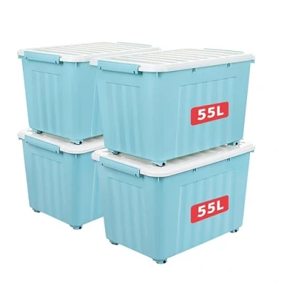 Abbildung von Cetomo 55L*4 Aufbewahrungsboxen mit Deckeln, Kunststoff Aufbewahrungsbox Rollen und Clips, Kunststoffbox für Zuhause Büro, BPA frei, Nestbar, Stapelbar, Blau, 55L 4er Pack