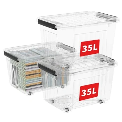Abbildung von Cetomo C5037 Kunststoff Aufbewahrungsbox Klarsichtbehälter mit Deckel Rädern, Transparent 35L，3er Set