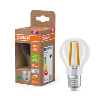Abbildung von Osram Energy Class LED Lampe in klassischer Kolbenform, 2.2 W / 470 lm, EEK A, kaltweißes Licht (4000 K), CRI 80, aus gefrostetem bleifreiem Glas, E27 Sockel, IP20, 60 mm Durchmesser, dimmbar.
