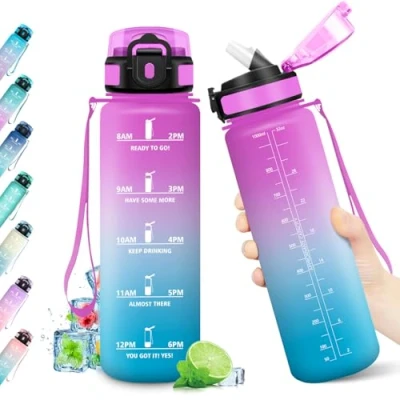 Abbildung von Trinkflasche 1L, Kohlensäure Geeignet, BPA frei, Wasserflasche mit Strohhalm &amp; Zeitmarkierung, Auslaufsicher, Sportflasche für Kinder, Gym, Camping, Wandern, Fahrrad, Yoga, Sport