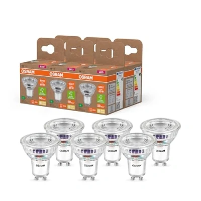 Abbildung von Osram Energy Class LED Reflektor Lampe PAR16 mit 3.3 W, 600 lm, warmweiß (2700 K) aus klarem bleifreiem Glas GU10 Sockel in der Energieeffizienzklasse A, 50 mm Durchmesser, IP20,6 Pack