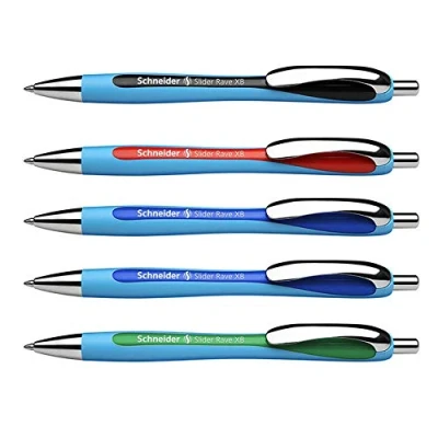 Abbildung von Schneider Slider Rave XB Kugelschreiber (Strichstärke: XB, dokumentenechte Mine, Made in Germany) 5er Packung, Schreibfarbe: 2x blau, schwarz, rot und grün