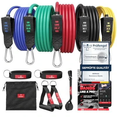 Abbildung von Resistance Widerstandsband Set Textil mit Trainings eBook Expander Tubes Bänder Band Stoff Fitnessbänder Widerstandsbandset: 5 Griffe Türanker Fußschlaufen