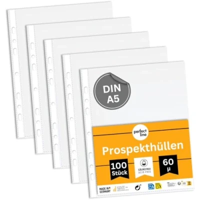 Abbildung von perfect line 100 Prospekthüllen DIN A5, Klarsichtfolien transparent, genarbt, MADE IN GERMANY