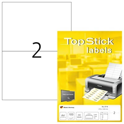 Abbildung von TopStick 8718 Universal Etiketten, 100 Blatt, 210 x 148 mm, 2 pro A4 Bogen, 200 Stück, selbstklebend, bedruckbar, matt, blanko Papier Klebeetiketten Aufkleber, weiß