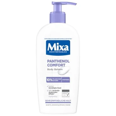 Abbildung von Mixa Panthenol Body Lotion, juckreizlindernder und beruhigender Balsam, mit pflanzlichem Glycerin, für empfindliche, sensible Haut, mildert Juckreiz Comfort, 250 ml