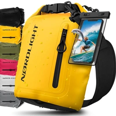 Abbildung von Nordlight Dry Bag wasserdichte Tasche mit Handyhülle + Roll Top, Schultergurt Drybag wasserfester Rucksack Beutel Packsack Seesack Wassersack Wetbag Baden Schwimmen Strand SUP Gelb, 5 Liter