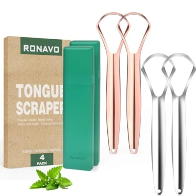 Abbildung von RONAVO Zungenschaber für Erwachsene (4 Stück), aus Metall, rostfrei (Reiseetuis im Lieferumfang enthalten), reduziert Mundgeruch, die Mundpflege, 2 Farben