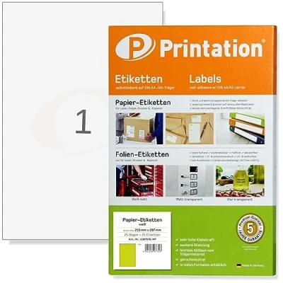Abbildung von Printation Universal Klebeetiketten 210 x 297 mm weiß bedruckbar 25 DIN A4 Bogen à 1x1 210x297 Etiketten selbstklebend / Labels selbstklebendes Papier 1 Etikett pro Blatt 3478 6119 4631