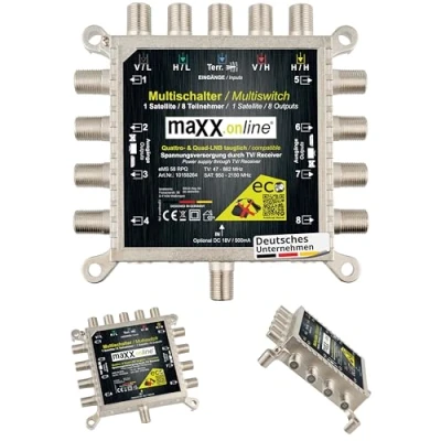 Abbildung von maxx.onLine Multischalter 8 Teilnehmer &amp; 1 Satellit, Quad Quattro LNB tauglich, kein Netzteil notwendig, DVB S Multiswitch 5/8 mit eco Sparmodus