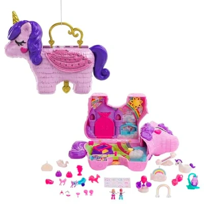 Abbildung von Polly Pocket Einhorn, in Prinzessinnen Schloss Thema, mit 25 Zubehörteilen wie 2 Puppen, Schaukel und Einhorn Haustieren, Groß, Spielzeug ab 4 Jahre, GVL88