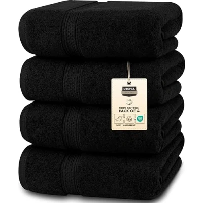 Abbildung von Utopia Towels 4er Pack Badetücher Set Premium 100% ringgesponnene Baumwolle 69 x 137 cm Handtücher, sehr saugfähig, weiches Gefühl Duschtücher (Schwarz)