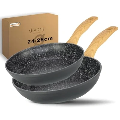 Abbildung von DIVORY Pfannenset 2 teilig Pfanne 24cm, 28cm Induktion Antihaft Beschichtete große Universalpfanne für alle Herdarten Sichere Griffe, Spülmaschinen geeignet (Griff: Helle Holzoptik)