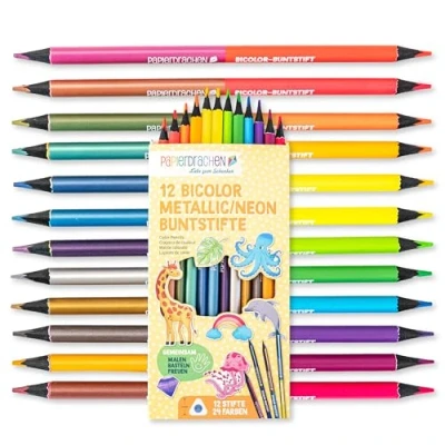 Abbildung von Papierdrachen 12 Bicolor Buntstifte 24 satte Farben Set Holz dreieckig bruchsicher Schule Kindergarten Malen Kinder metallic neon