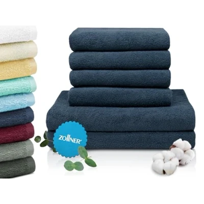 Abbildung von ZOLLNER Handtuch Set aus 4 Handtücher 50x100 cm &amp; 2 Duschtücher 70x140 saugstarke und weiche Tücher in dunkelblau mit praktischem Aufhänger waschbar bis 60C Baumwolle Hotelqualität