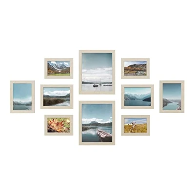 Abbildung von SONGMICS Bilderrahmen 10er Set, für 2 Fotos in 20 x 25 cm, 4 13 18 10 15 Kunststoffscheibe, MDF, naturbeige RPF310N02