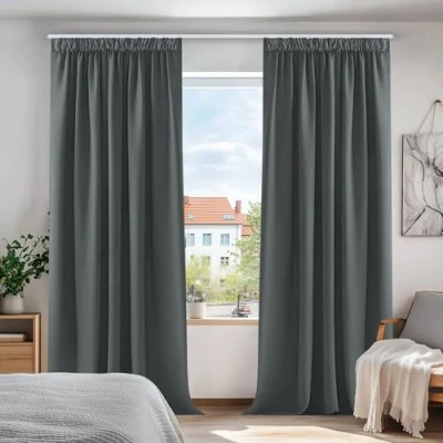 Abbildung von Deconovo Blickdichte Gardine mit Kräuselband Dicke Verdunkelungsgardinen Küche Fenster, 260x140cm(HöhexBreite), Dunkelgrau, 2er Set