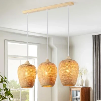 Abbildung von Schindora Pendelleuchte Esstisch Boho,Bambus Und Holz KüChe Lampenschirm Handgewebt Vintage Lampe Dekor 3 Licht HäNgelampe FüR Schlafzimmer Kronleuchter Wohnzimmer