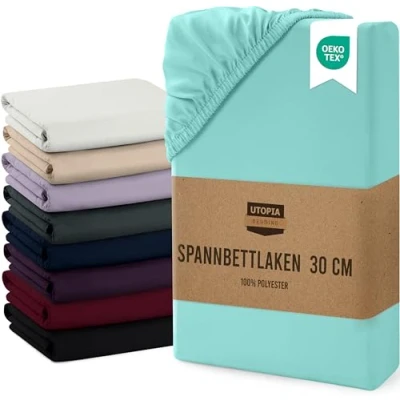 Abbildung von Utopia Bedding Spannbettlaken 160x200cm Bis 30 cm Spa Blau Gebürstete Mikrofaser Spannbetttuch Oeko Tex Standard 100