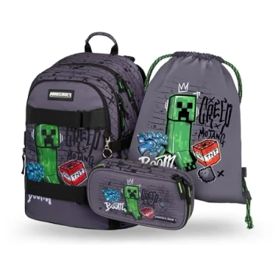 Abbildung von Baagl Schulrucksack Set Jungen Mädchen 3 Teilig, Skateboard Rucksack, Schultasche ab 3. Klasse, Grundschule Ranzen mit Brustgurt, Ergonomischer Schulranzen, 25 l (Minecraft)