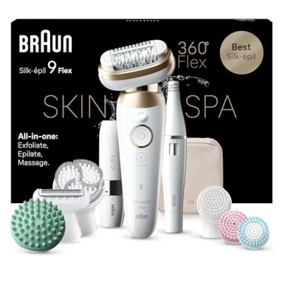 Abbildung von Braun Silk épil 9 Flex SkinSpa All in One Set, Epilierer Damen / Haarentferner für langanhaltende Haarentfernung, Made Germany, Facespa Gesichtshaarentferner, 681 3D, weiß/Gold