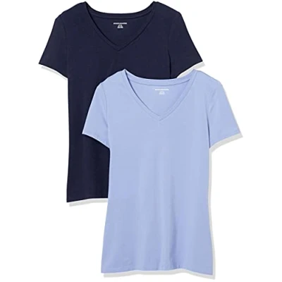 Abbildung von Amazon Essentials Damen Kurzärmeliges T Shirt mit V Ausschnitt, Klassischer Schnitt, 2er Pack, Purpur/Marineblau, XXL