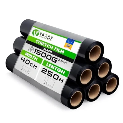 Abbildung von V1 Trade 6x Stretchfolie Schwarz Folie für Möbel Hand Umzugfolie 250m x 40 cm Stretchfolienrolle Schwarzfolie 23my Verpackungsfolie auf Rolle Wickelfolie Umzugsfolie Dehnung 250%