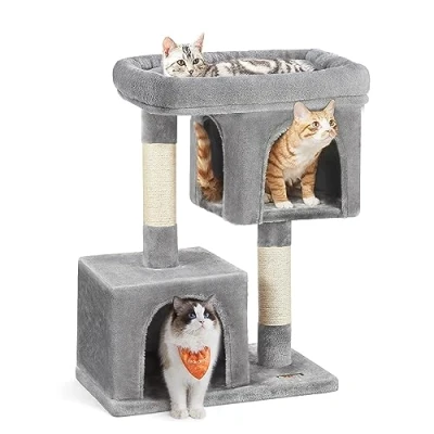 Abbildung von Feandrea Kratzbaum, 84 cm Katzenbaum, L, Katzenhaus für große Katzen bis zu 7 kg, Plattform, 2 Katzenhöhlen, Sisalstämme, hellgrau PCT61W