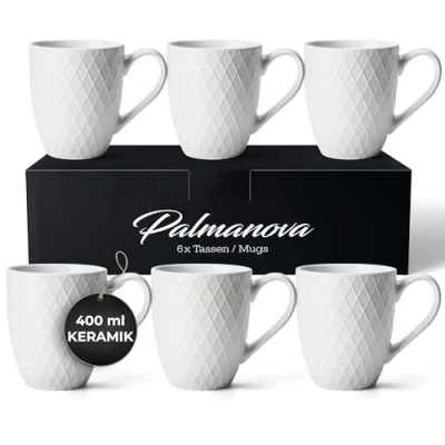 Abbildung von MIAMIO 6 x 400 ml Kaffeetassen Set/Becher Moderne Keramik Tasse Matt Kaffeetasse groß Palmanova Kollektion (Weiß)