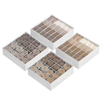 Abbildung von SONGMICS Unterwäsche Organizer 4er Set, 80 Fächer (2x16+2x24), Schubladen faltbar, Ordnungssystem Kleiderschrank, Aufbewahrungsboxen, Socken, Unterwäsche, Krawatten, cremeweiß RUS011W01