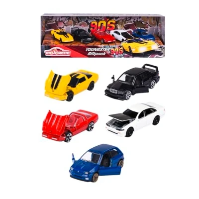 Abbildung von Majorette Youngster Spielzeugauto Set (5 Modellautos) Geschenkset mit 5 verschiedenen Kult Autos der 90er, aus Metall, je 7,5 cm, für Kinder ab 3 Jahre