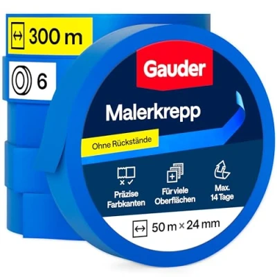 Abbildung von GAUDER Malerkrepp (24 mm x 50 m) 6x Kreppband für Malerarbeiten und Renovierungen Abklebeband zum Streichen, Lackieren, Renovieren