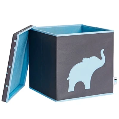 Abbildung von LOVE IT STORE Aufbewahrungsbox mit Deckel Kallax Boxen aus Stoff Verstärkt Holz Quadratisch, stabil Grau blauem Dino 33x33x33 cm
