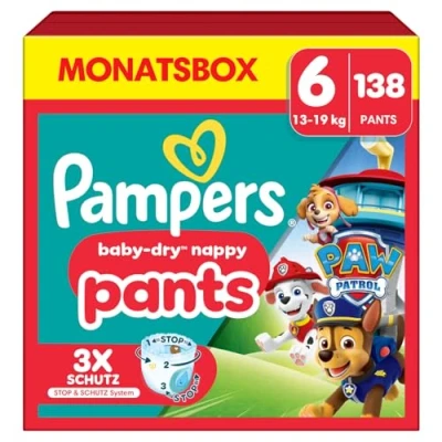 Abbildung von Pampers Windeln Paw Patrol Pants Größe 6 (14 19kg) Baby Dry, Extra Large mit Stop und Schutz Täschchen, MONATSBOX, 138 Höschenwindeln