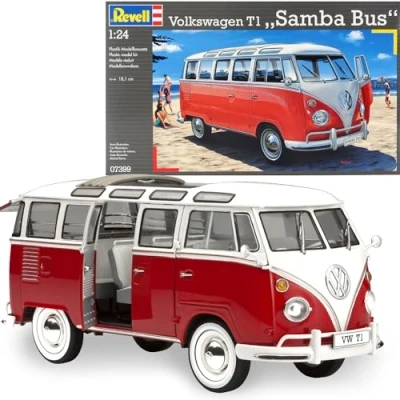 Abbildung von Revell 07399 Volkswagen VW T1 Samba Bus, Maßstab 1:24, 18,1cm originalgetreuer Modellbausatz für Fortgeschrittene, Automodell, Rot/Weiß