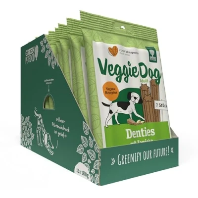 Abbildung von Green Petfood VeggieDog Denties (13 x 180 g) Adult Premium Kausnack für Hunde Tapioka &amp; Kartoffel Leckerli, Snack Zahnpflege in einem vegan getreidefrei Ergänzungsfutter 13er Pack