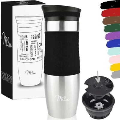 Abbildung von Milu Thermobecher 370ml 450ml Isolierbecher Kaffeebecher to go 100% Auslaufsicher Trinkbecher aus Edelstahl Autobecher doppelwand Isolierung Thermo Becher Travel Mug (Schwarz, 450ml)