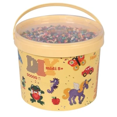 Abbildung von HAMA Perlen 181 67 Bügelperlen im Eimer mit ca. 30.000 Midi Volltonmix 22 Farben, für Kinder ab 5 Jahren, Black, 30000 STK, Colour Mix