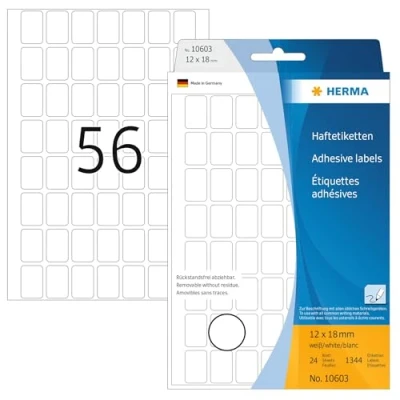 Abbildung von HERMA 10603 Vielzweck Etiketten ablösbar, 1344 Stück, 12 x 18 mm, 56 pro Bogen, selbstklebend, Haushaltsetiketten zum Beschriften, matt, blanko Papier Klebeetiketten Aufkleber, weiß