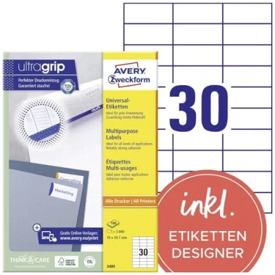 Abbildung von AVERY Zweckform 3489 Universal Etiketten (3.000 Klebeetiketten, 70x29,7mm auf A4, Papier matt, individuell bedruckbar, selbstklebende Aufkleber mit ultragrip) 100 Blatt, weiß